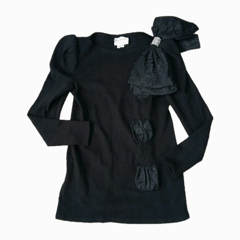 Vintage Raul Blanco Black Knit Sweater Dress Sz 12 Rhinestone Bow Glam Statement